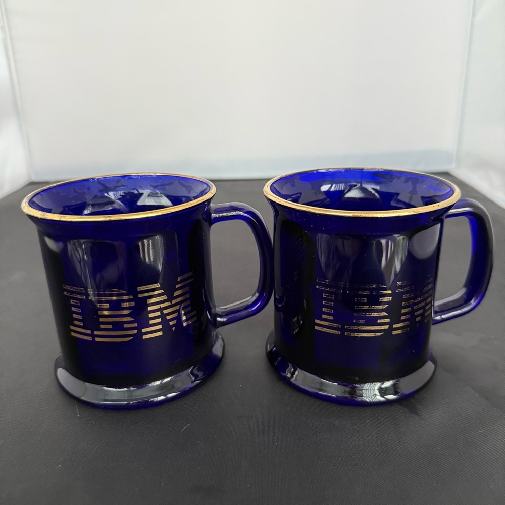 Vintage IBM Coffee Cup Mug Cobalt Blue & Gold  Glass Made in USA Lot of 2